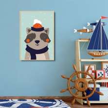 Quadro Infantil Guaxinim na Neve 43x30 Filete Marfim