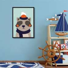 Quadro Infantil Guaxinim na Neve 60x43 Caixa Preto