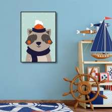 Quadro Infantil Guaxinim na Neve 60x43 Filete Preto