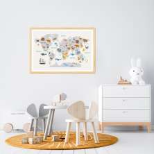 Quadro Mapa Mundi Infantil Animais 100x70 Caixa Marfim