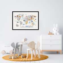 Quadro Mapa Mundi Infantil Animais 100x70 Caixa Preto