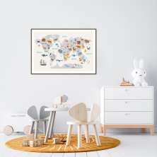 Quadro Mapa Mundi Infantil Animais 100x70 Filete Marrom
