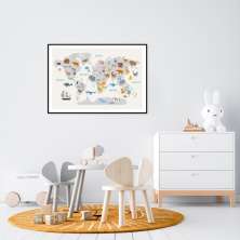 Quadro Mapa Mundi Infantil Animais 100x70 Filete Preto