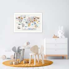 Quadro Mapa Mundi Infantil Animais 60x43 Sem Moldura