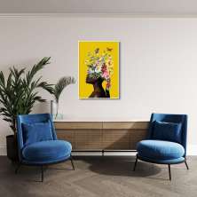 Quadro Mulher Negra Head Flowers 60x43 Filete Branco