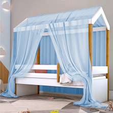 Cama Montessori Cabana Solteiro com Colchão e Dossel Azul