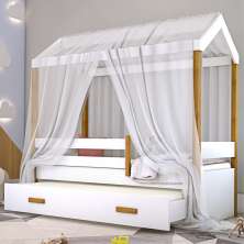 Cama Montessori Cabana com Auxiliar Solteiro e Dossel Branco