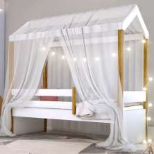 Cama Montessori Cabana com Cordão LED e Dossel Branco