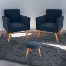 Conjunto Poltronas e Puff Anari Veludo Azul