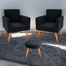 Conjunto Poltronas e Puff Anari Veludo Inca Preto