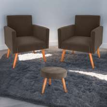 Conjunto Poltronas e Puff Anari Veludo Marrom