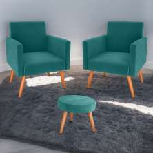 Conjunto Poltronas e Puff Anari Veludo Verde Menta