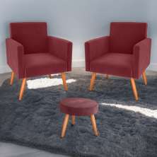 Conjunto Poltronas e Puff Anari Veludo Vinho