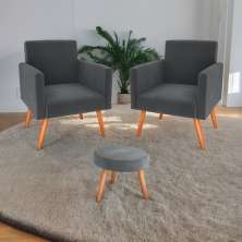 Conjunto Poltronas e Puff Iara Veludo Cinza