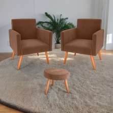 Conjunto Poltronas e Puff Iara Veludo Ferrugem