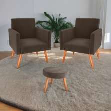 Conjunto Poltronas e Puff Iara Veludo Marrom