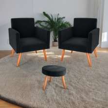 Conjunto Poltronas e Puff Iara Veludo Preto