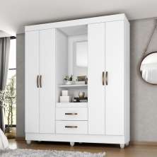 Guarda Roupa Solteiro 4 Portas com Espelho Branco  