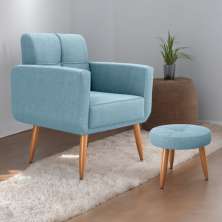 Jogo Poltrona e Puff para Sala Oliver Boucle Azul
