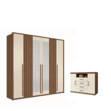 Kit Guarda Roupa 6 Portas Espelho e Cômoda Jack Jatoba Areia