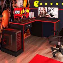 Mesa em L com Gaveta Adrianus Preto Vermelho