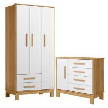 Roupeiro com 3 Portas e Cômoda Malta Freijó Branco Acetinado