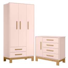 Roupeiro com 3 Portas e Cômoda Mlata Rosa Acetinado