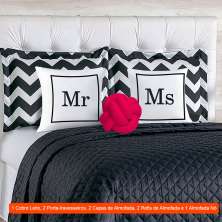 Jogo de Cama Queen com 8 Peças Mr & Ms Preto e Branco