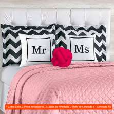 Jogo de Cama Queen com 8 Peças Mr & Ms Rosê e Branco
