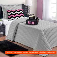 Jogo de Cama Solteiro com 6 Peças Relax Cinza e Rosa