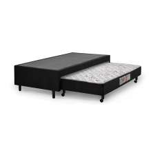 Base Cama Box de Solteiro Preta Com Colchão Auxiliar Espuma D28 Preto Acoplado Rodízios Rodinhas - 88x188x52