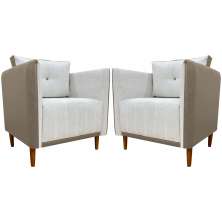 Kit 02 Poltronas Decorativas Aviv Para Sala Luxo Confortável Reforçadas Corino Caramelo e Linho Bege