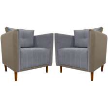 Kit 02 Poltronas Decorativas Aviv Para Sala Luxo Confortável Reforçadas Corino Caramelo e Linho Cinza