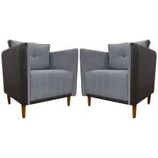 Kit 02 Poltronas Decorativas Aviv Para Sala Luxo Confortável Reforçadas Corino Marrom e Linho Cinza