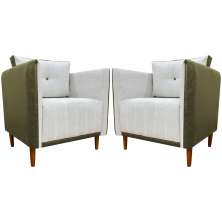 Kit 02 Poltronas Decorativas Aviv Para Sala Luxo Confortável Reforçadas Corino Verde e Linho Bege