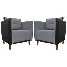 Kit 02 Poltronas Decorativas Aviv Para Sala Luxo Confortável Reforçadas Elegantes Corino Preto e Linho Cinza