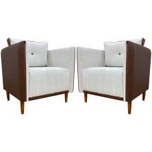 Kit 02 Poltronas Decorativas Aviv Para Sala Luxo Confortável Reforçadas Elegantes Corino Terracota e Linho Bege