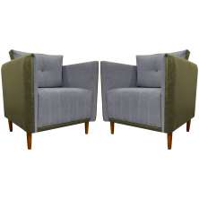 Kit 02 Poltronas Decorativas Aviv Para Sala Luxo Confortável Reforçadas Elegantes Corino Verde e Linho Cinza