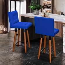 Kit 2 Banquetas Grace Alta Para Areá Gourmet E Balcão Área Gourmet Corino Azul Royal Pé Castanho - Clique E Decore