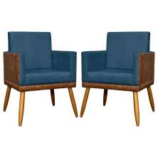 Kit 2 Poltronas Decorativa Para Sala Recepção Consultório Cadeira Lis Corino Peroba e Suede Azul Marinho