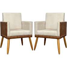 Kit 2 Poltronas Decorativa Para Sala Recepção Consultório Cadeira Lis Corino Peroba e Suede Bege