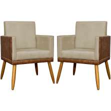 Kit 2 Poltronas Decorativa Para Sala Recepção Consultório Cadeira Lis Corino Peroba e Suede Nude