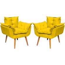 Kit 2 Poltronas Decorativa Para Sala Recepção Manicure Consultório Alice Suede Amarelo Pés Trapézio