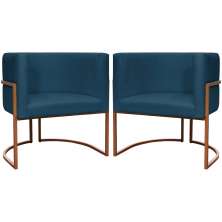 Kit 2 Poltronas Decorativa Para Sala Recepção Manicure Consultório Luna Suede Azul Marinho Base de Ferro Bronze