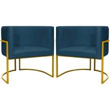 Kit 2 Poltronas Decorativa Para Sala Recepção Manicure Consultório Luna Suede Azul Marinho Base de Ferro Dourado