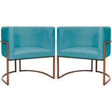 Kit 2 Poltronas Decorativa Para Sala Recepção Manicure Consultório Luna Suede Azul Turquesa Base de Ferro Bronze