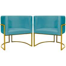 Kit 2 Poltronas Decorativa Para Sala Recepção Manicure Consultório Luna Suede Azul Turquesa Base de Ferro Dourado