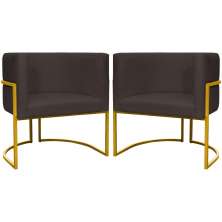 Kit 2 Poltronas Decorativa Para Sala Recepção Manicure Consultório Luna Suede Marrom Base de Ferro Dourado