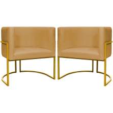 Kit 2 Poltronas Decorativa Para Sala Recepção Manicure Consultório Luna Suede Mostarda Base de Ferro Dourado