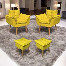 Kit 2 Poltronas Decorativa Para Sala Recepção Manicure e 2 Puffs Para Quarto Penteadeira Alice Suede Amarelo